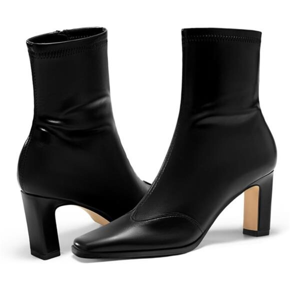 Womens Ankle Boots Chunky Heel Square Toe Short GoGo Booties Side Zipper